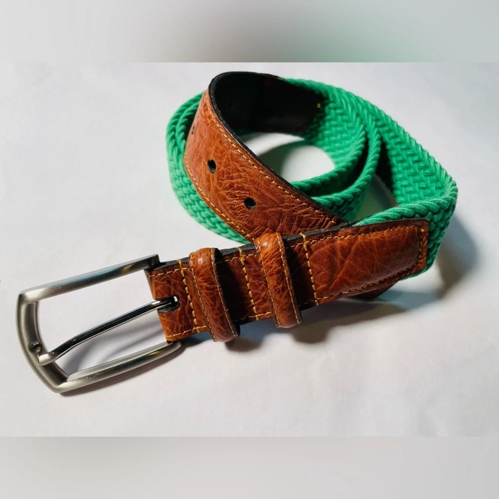 Torino Men's Green Knit Woven Stretch Belt Sz 38 69503 USA Italian Leather GOLF